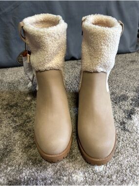 MIA Women's Jakob Cozy Block-Heel Cold Weather Booties- Tan/Cream size 8